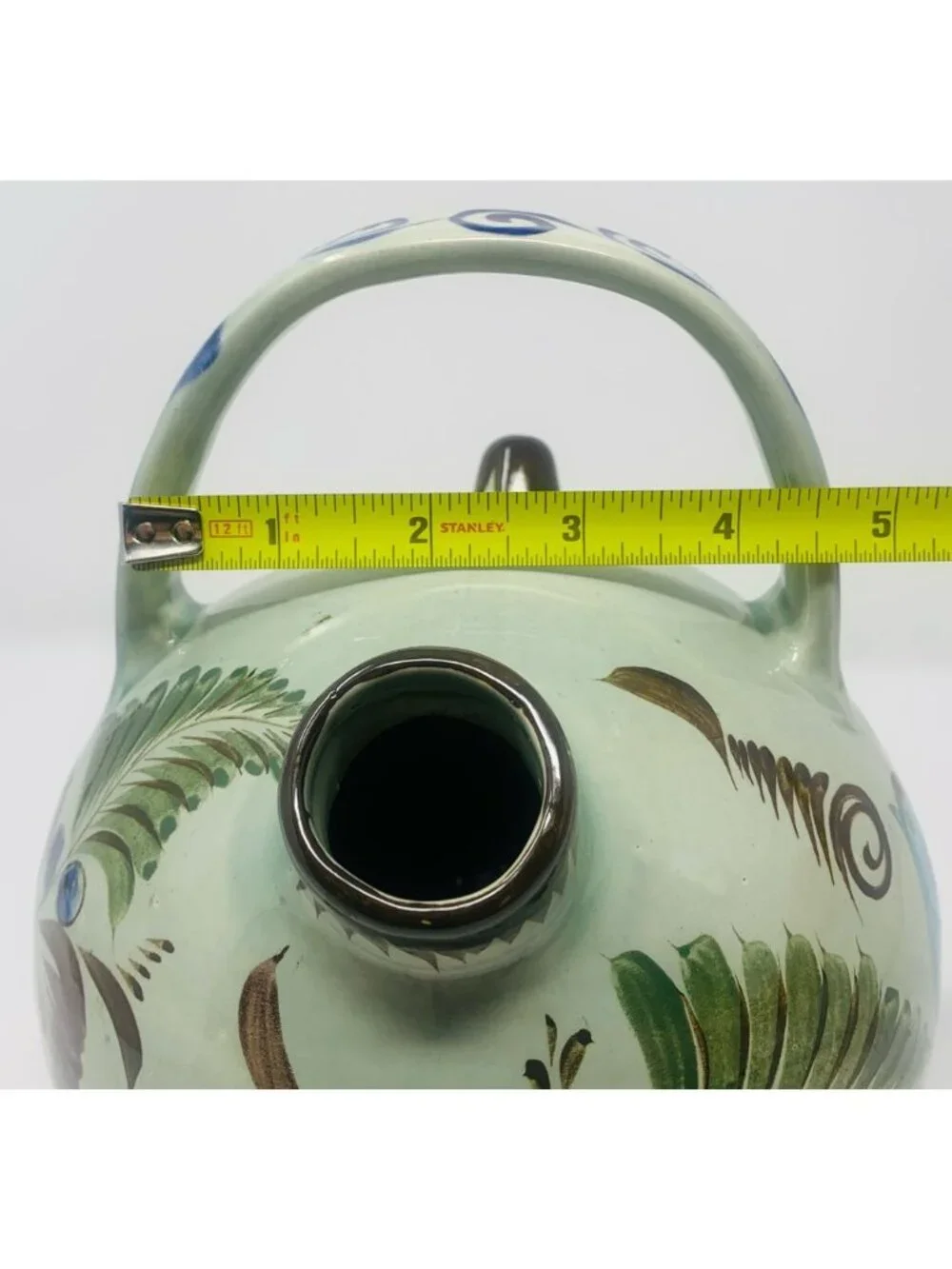 Vintage Noe Suro Tonala Teapot Floral Blue Bird Folk Art Mexico Signed 8x6